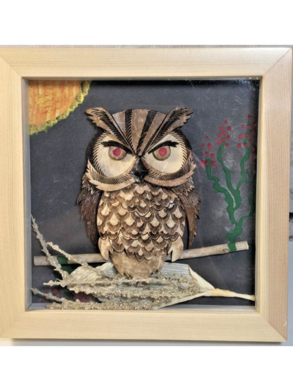 Mixed Media Folk Art Pyrography Owl Shadow Box 8" x 8" Boho Decor Collectible
